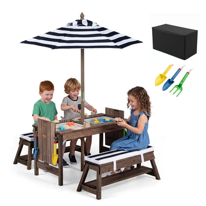Kids wooden picnic table set with umbrella and sandboxes, ideal for outdoor play and family activities.