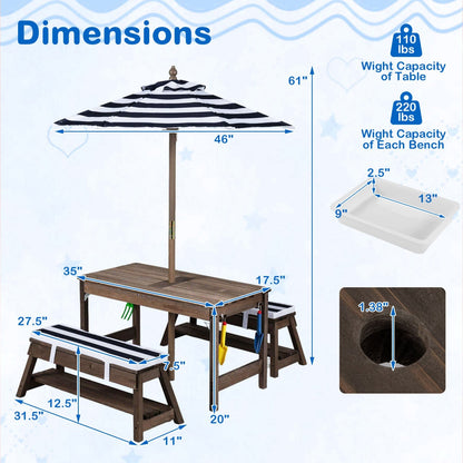 Kids wooden picnic table set with umbrella and sandboxes, outdoor play furniture for children by GBruno Store.