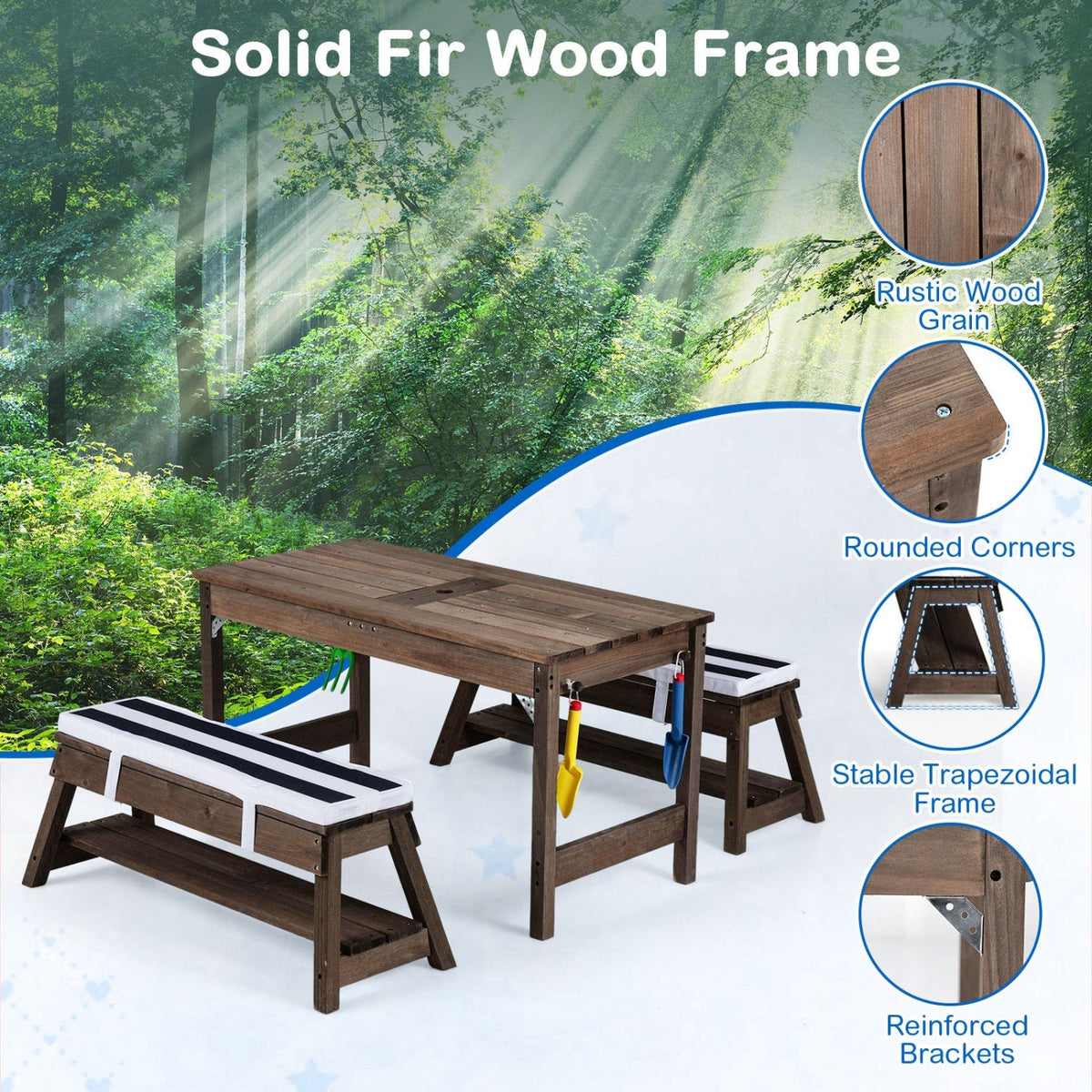 Kids wooden picnic table set with umbrella and sandboxes, ideal for outdoor play and family picnics.