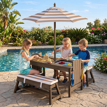 Kids wooden picnic table set with umbrella and sandboxes for outdoor play, featuring sturdy wood construction and colorful design.