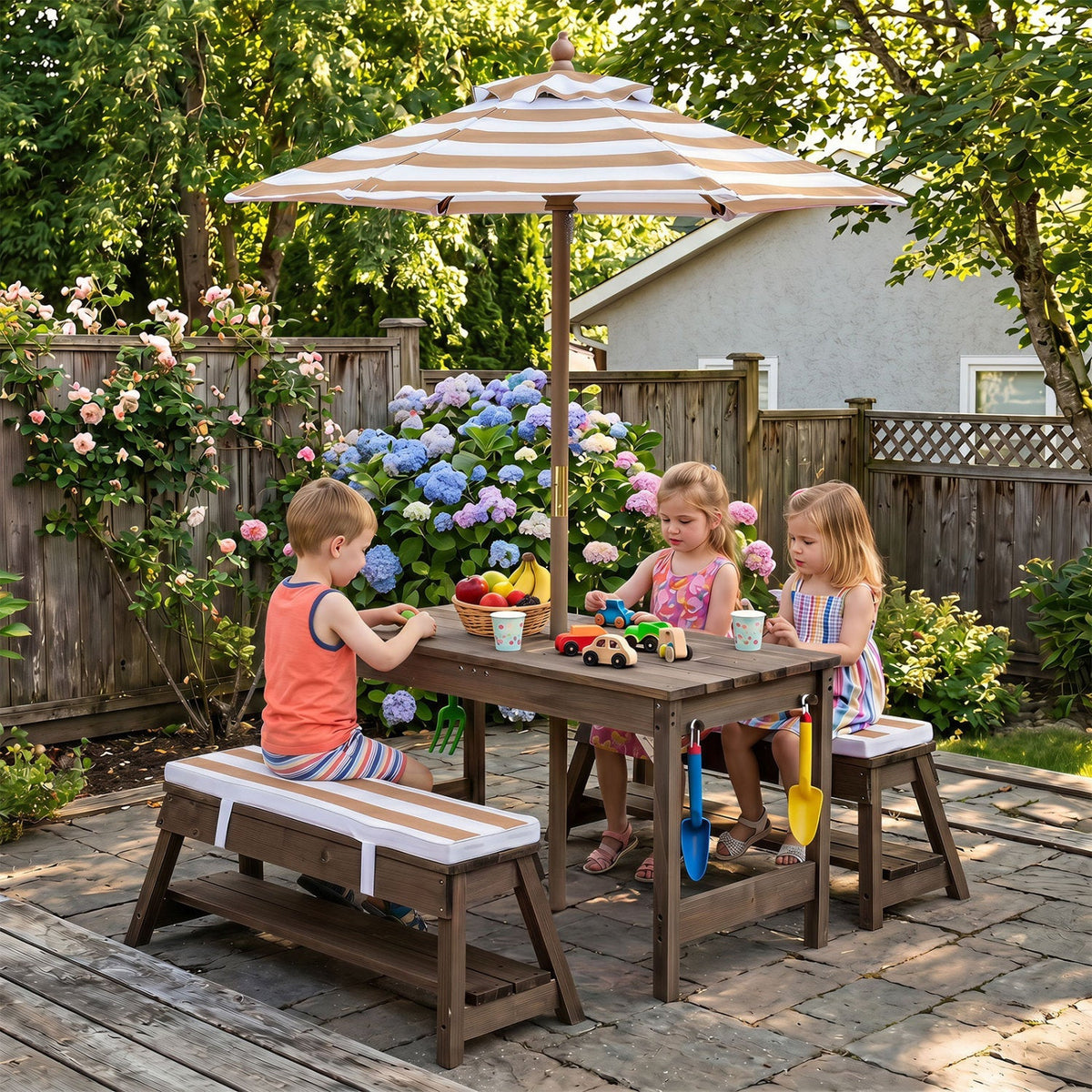 Kids wooden picnic table set with umbrella and sandboxes, ideal for outdoor play and family fun, by GBruno Store.