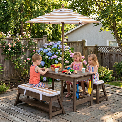 Kids wooden picnic table set with umbrella and sandboxes, outdoor play furniture for children, by GBruno Store.