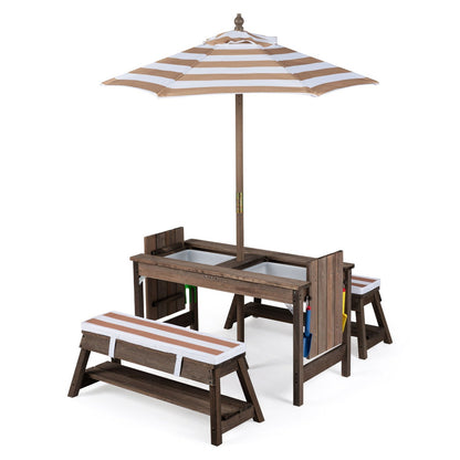 Kids wooden picnic table set with umbrella and sandboxes, outdoor play furniture for children, by GBruno Store.