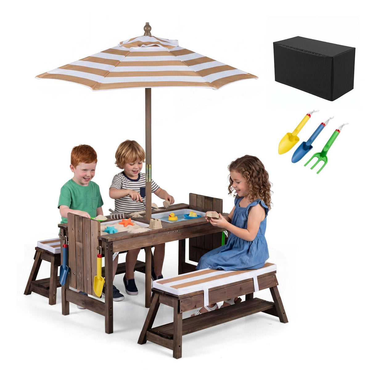 Kids wooden picnic table set with umbrella and sandboxes, outdoor play furniture for children by GBruno Store.