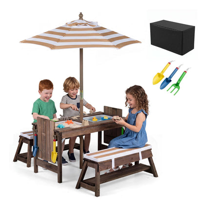 Kids wooden picnic table set with umbrella and sandboxes, outdoor play furniture for children, by GBruno Store.