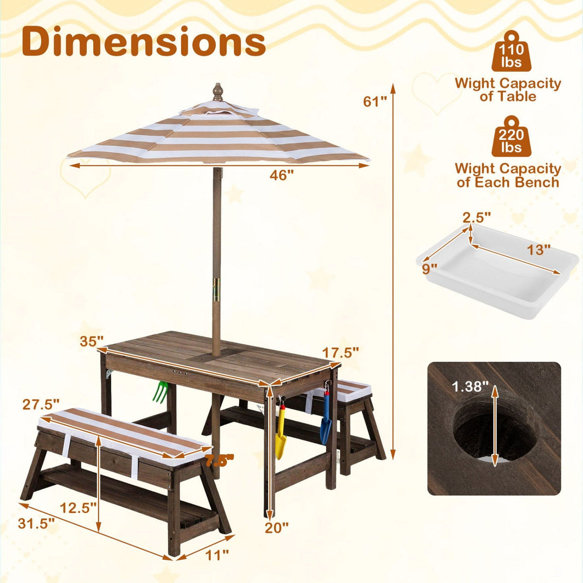 Kids wooden picnic table set with umbrella and sandboxes, outdoor play furniture for children by GBruno Store.