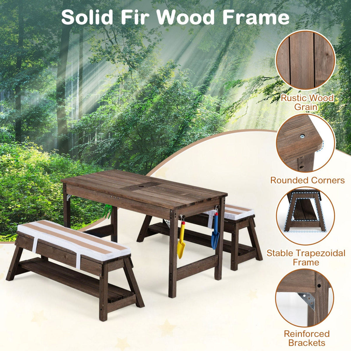 Kids wooden picnic table set with umbrella and sandboxes, outdoor play furniture for children by GBruno Store.