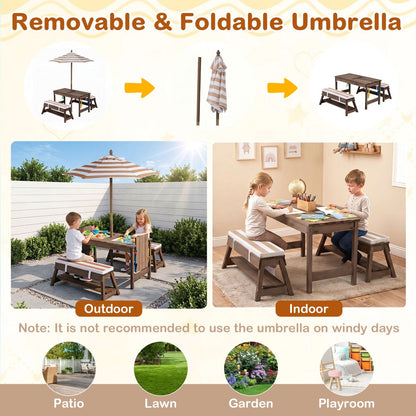 Kids wooden picnic table set with umbrella and sandboxes, suitable for outdoor play, by GBruno Store.