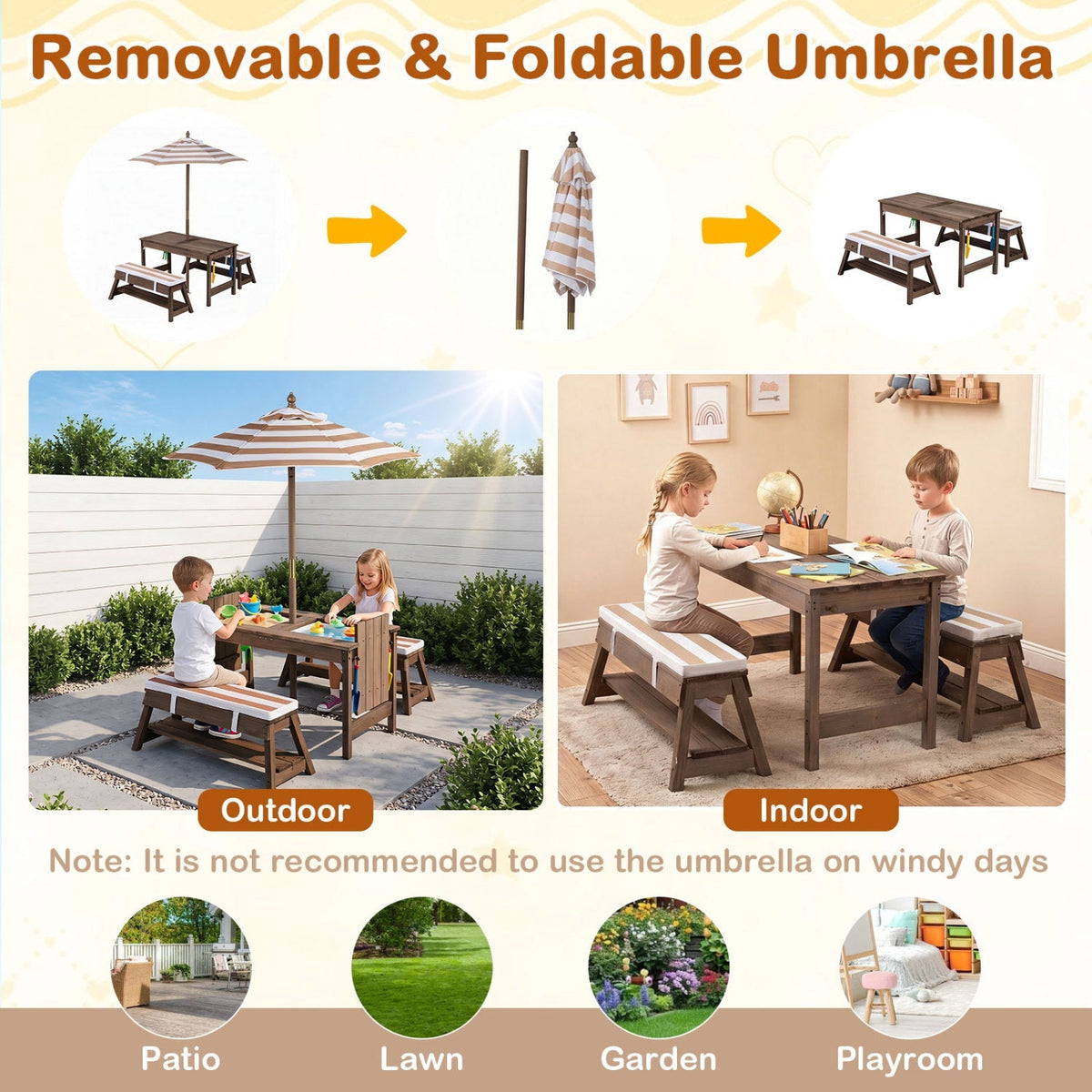Kids wooden picnic table set with umbrella and sandboxes, suitable for outdoor play and family gatherings.