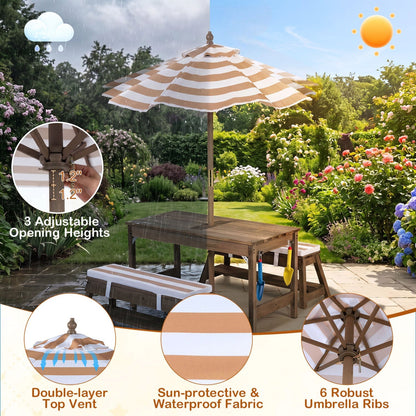 Kids wooden picnic table set with umbrella and sandboxes, outdoor play furniture for children by GBruno Store.