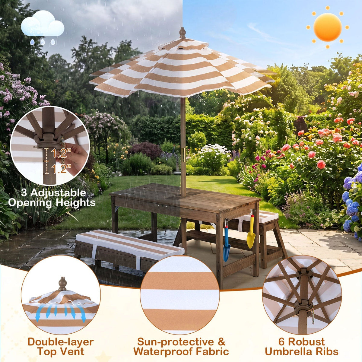 Kids wooden picnic table set with umbrella and sandboxes, outdoor play furniture for children, by GBruno Store