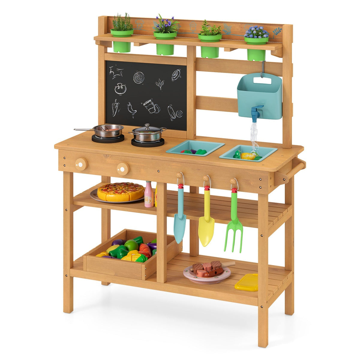 Outdoor pretend kitchen for children with faucet and removable sinks, perfect for outdoor play and imaginative fun.