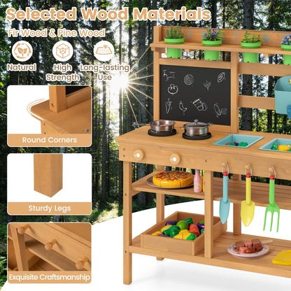 Outdoor pretend kitchen for children with faucet and removable sinks, ideal for outdoor play and imaginative fun.