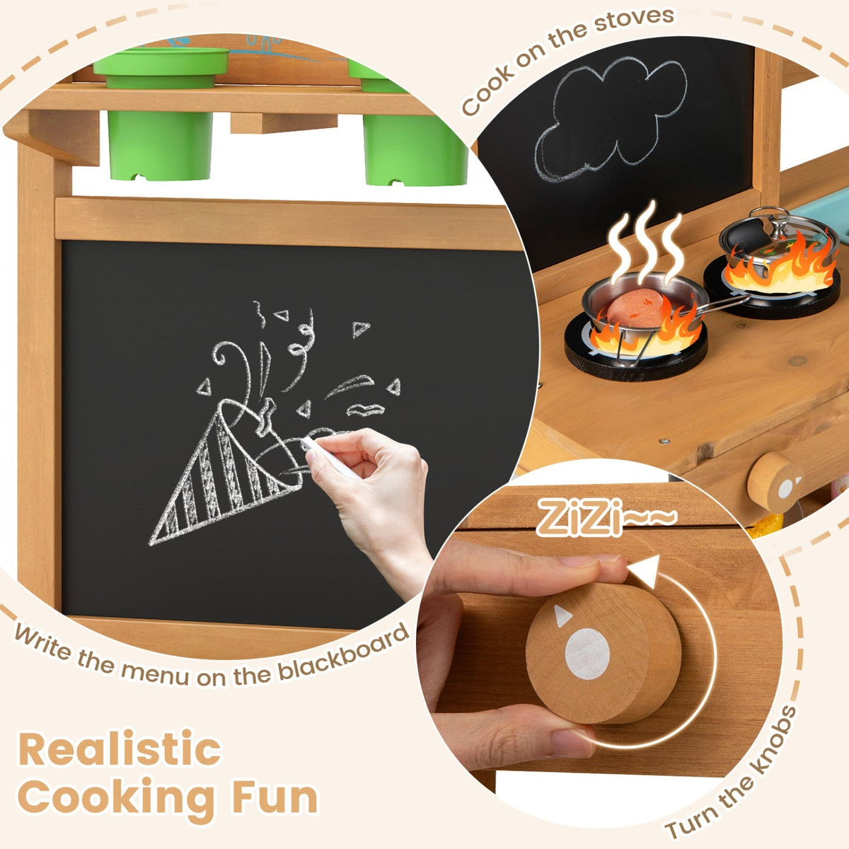 Outdoor pretend kitchen for children with faucet and removable sinks, ideal for outdoor play and imaginative fun.