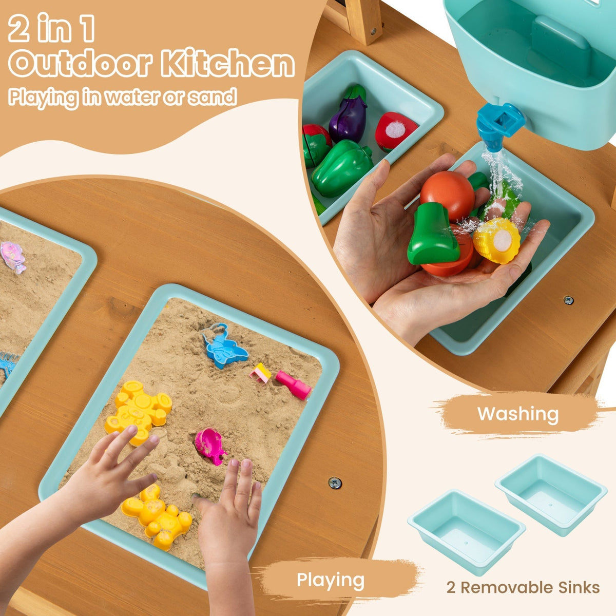 Outdoor pretend kitchen for children with faucet and removable sinks, ideal for outdoor play and imaginative cooking activities.