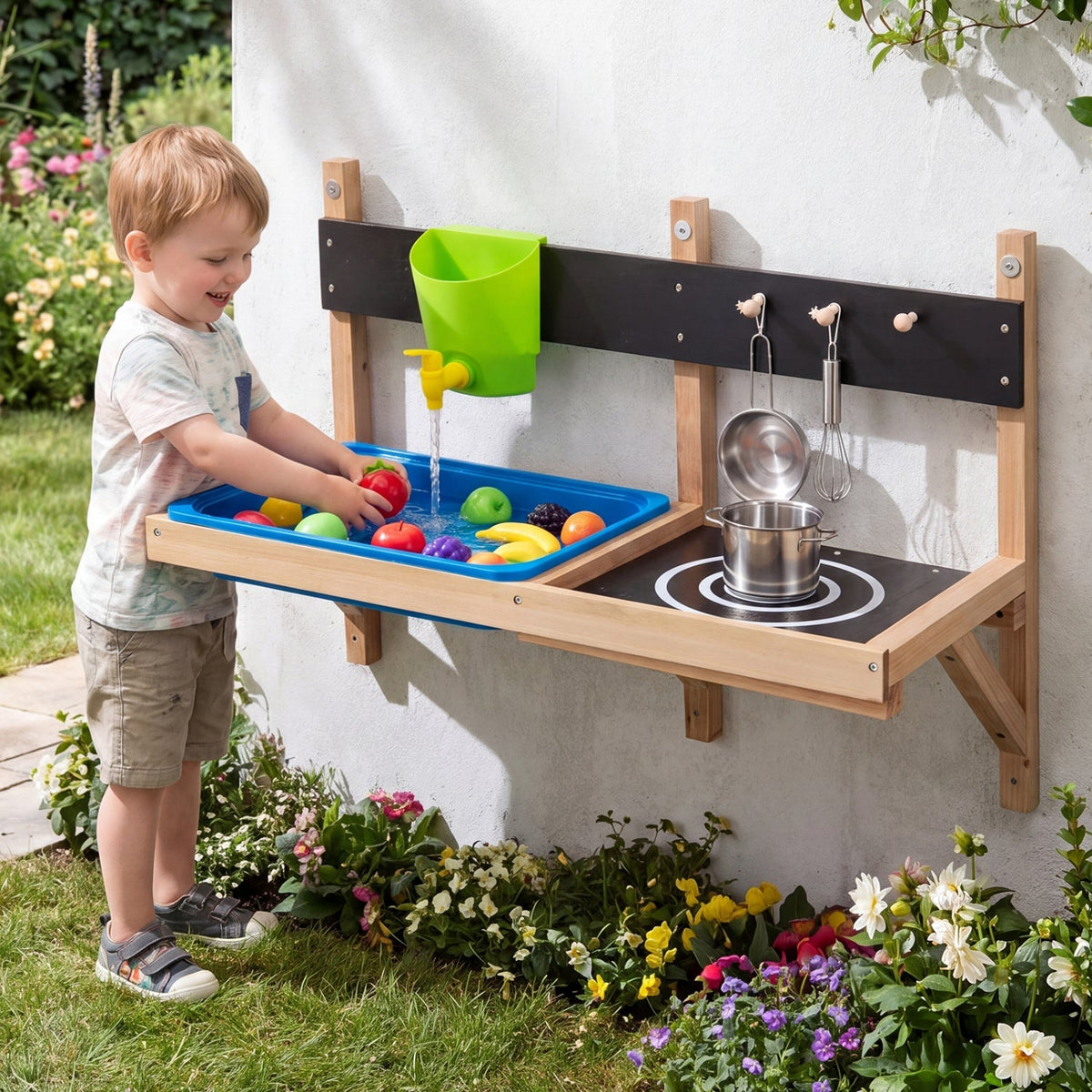 Wall mounted kids play kitchen set from GBruno Store with outdoor design, featuring a sink, stove, and storage shelves for pretend play.