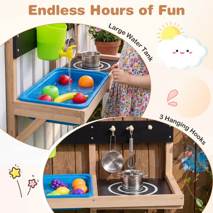 Wall-mounted outdoor play kitchen set for kids by GBruno Store, featuring colorful pretend stove, sink, and storage for imaginative play.