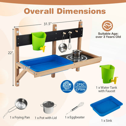 Wall-mounted outdoor play kitchen set for kids ages 3+ by GBruno Store, featuring colorful knobs, shelves, and pretend cooking accessories.