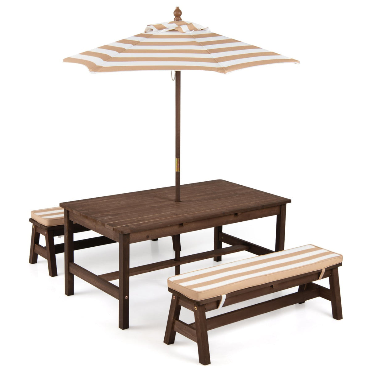 Outdoor wooden kids picnic table with removable umbrella and cushions, perfect for outdoor play and family gatherings.