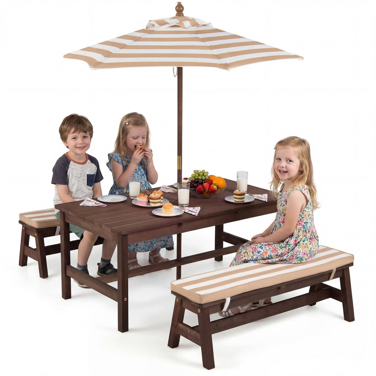 Outdoor wooden kids picnic table with removable umbrella and cushions, designed for outdoor play and family gatherings.