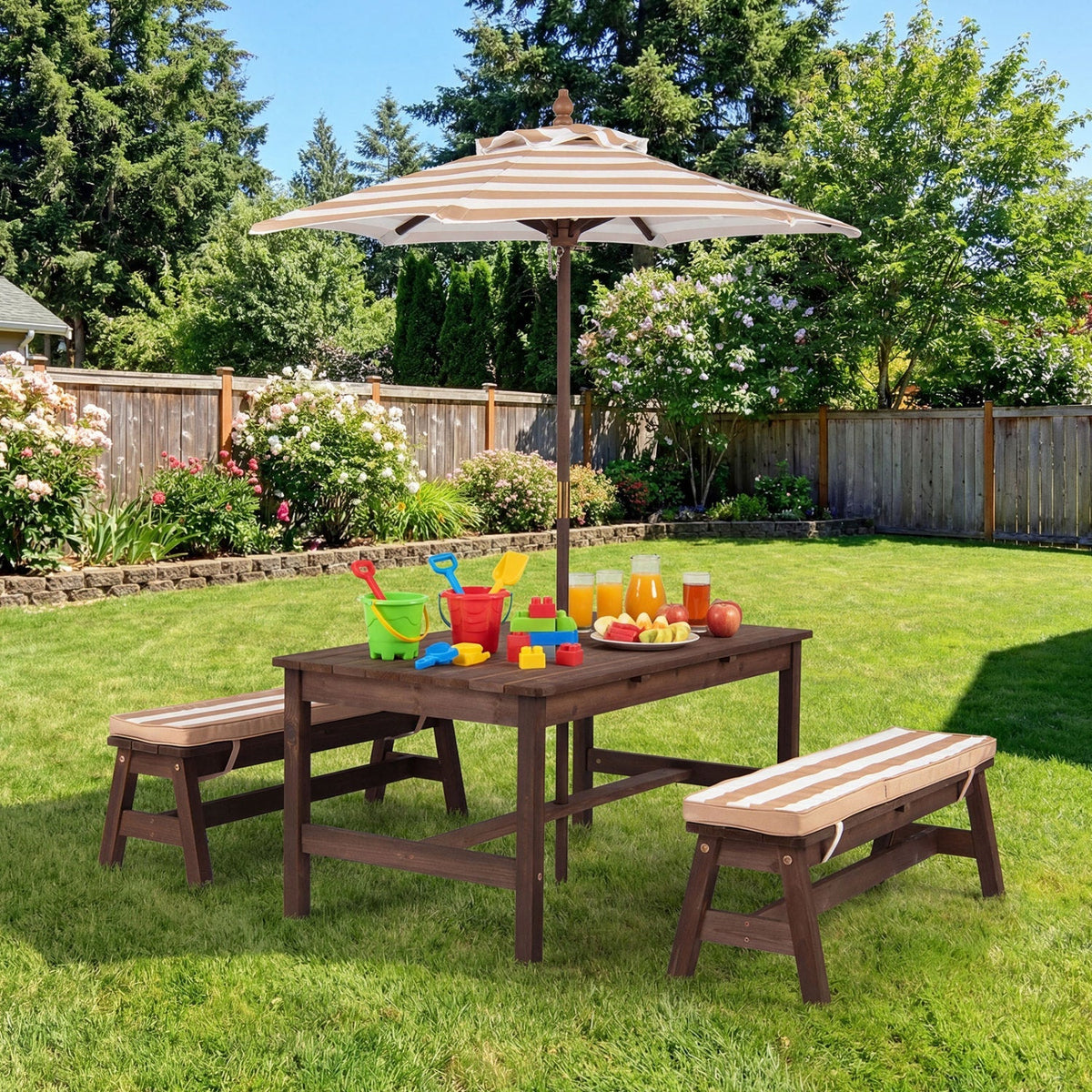 Outdoor wooden kids picnic table with removable umbrella and cushions, ideal for outdoor play and family gatherings.