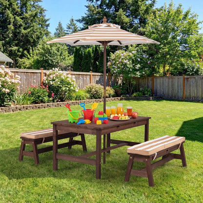 Outdoor wooden kids picnic table with removable umbrella and cushions, ideal for outdoor play and family gatherings.