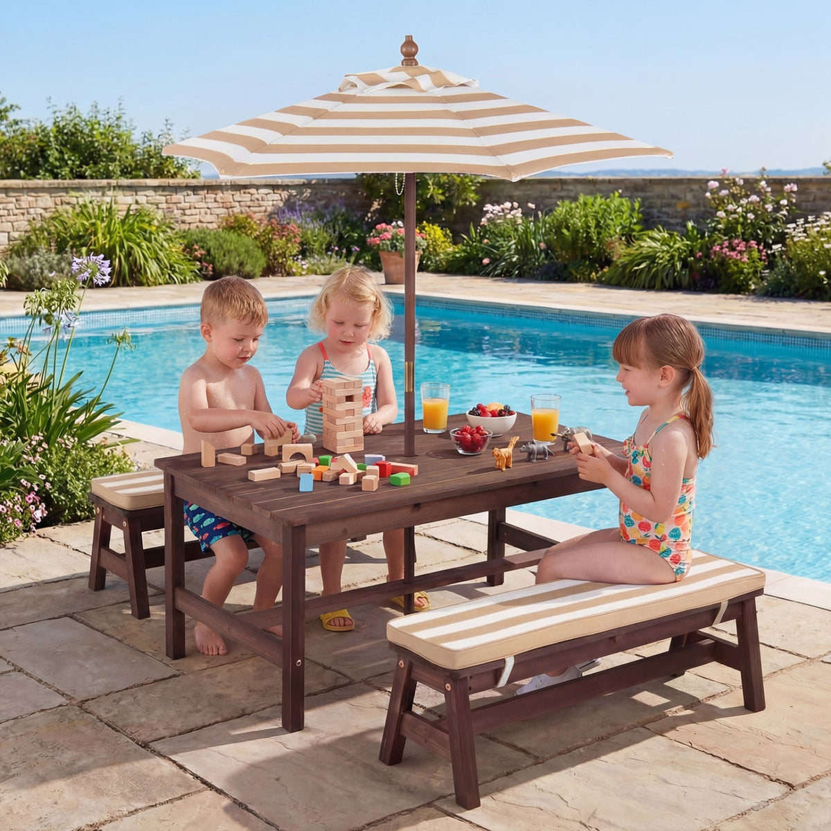 Wooden kids picnic table with removable umbrella and cushions, ideal for outdoor play, by GBruno Store