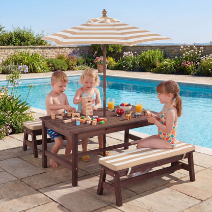 Wooden kids picnic table with removable umbrella and cushions, ideal for outdoor play, by GBruno Store