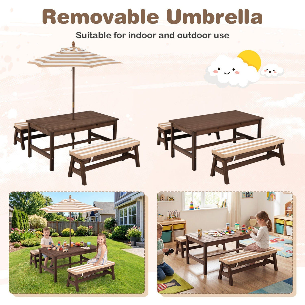 Wooden kids picnic table with removable umbrella and cushions, perfect for outdoor play and family gatherings.