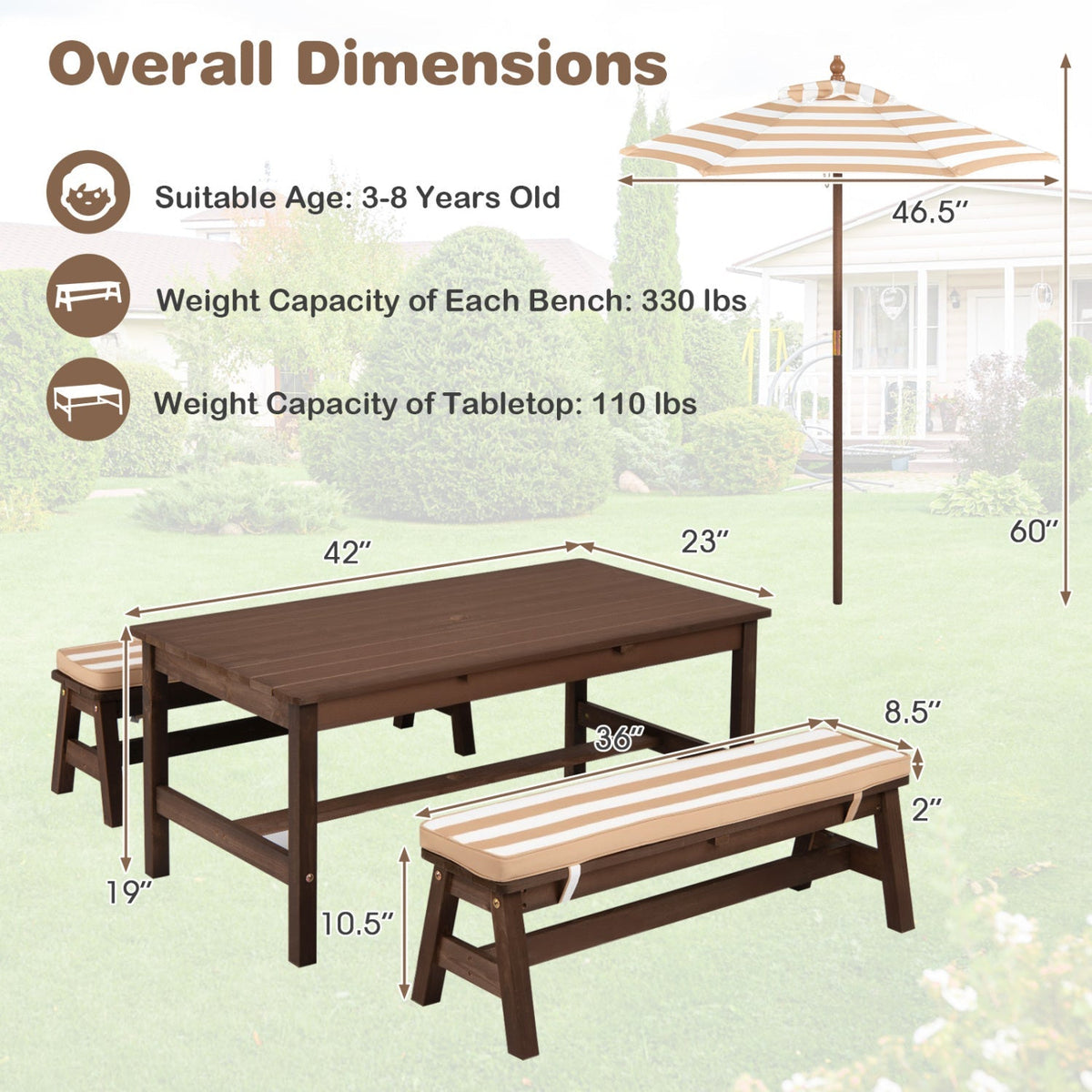 Outdoor wooden kids' picnic table with removable umbrella and cushions, ideal for children's outdoor play and dining.