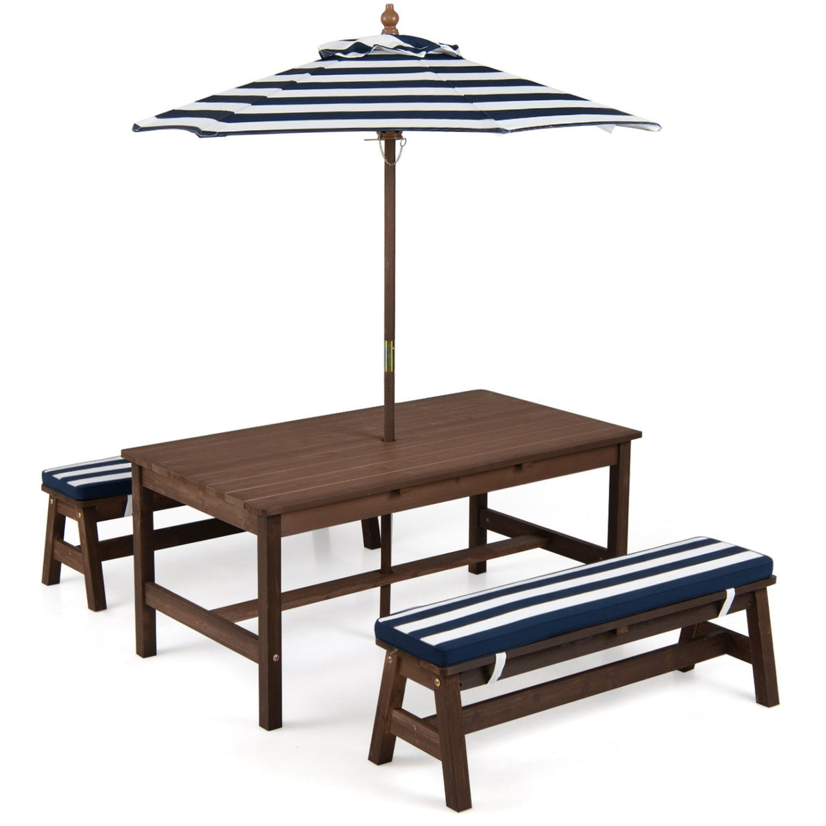 Outdoor wooden kids picnic table with removable umbrella and cushions, ideal for backyard play and outdoor dining.