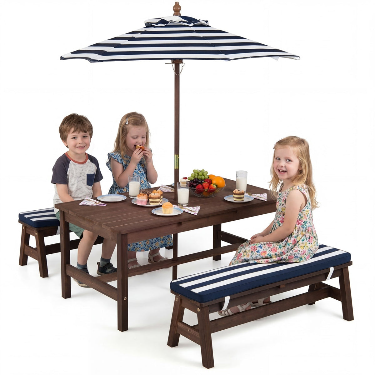 Outdoor wooden kids picnic table with removable umbrella and colorful cushions, perfect for outdoor play and family gatherings.
