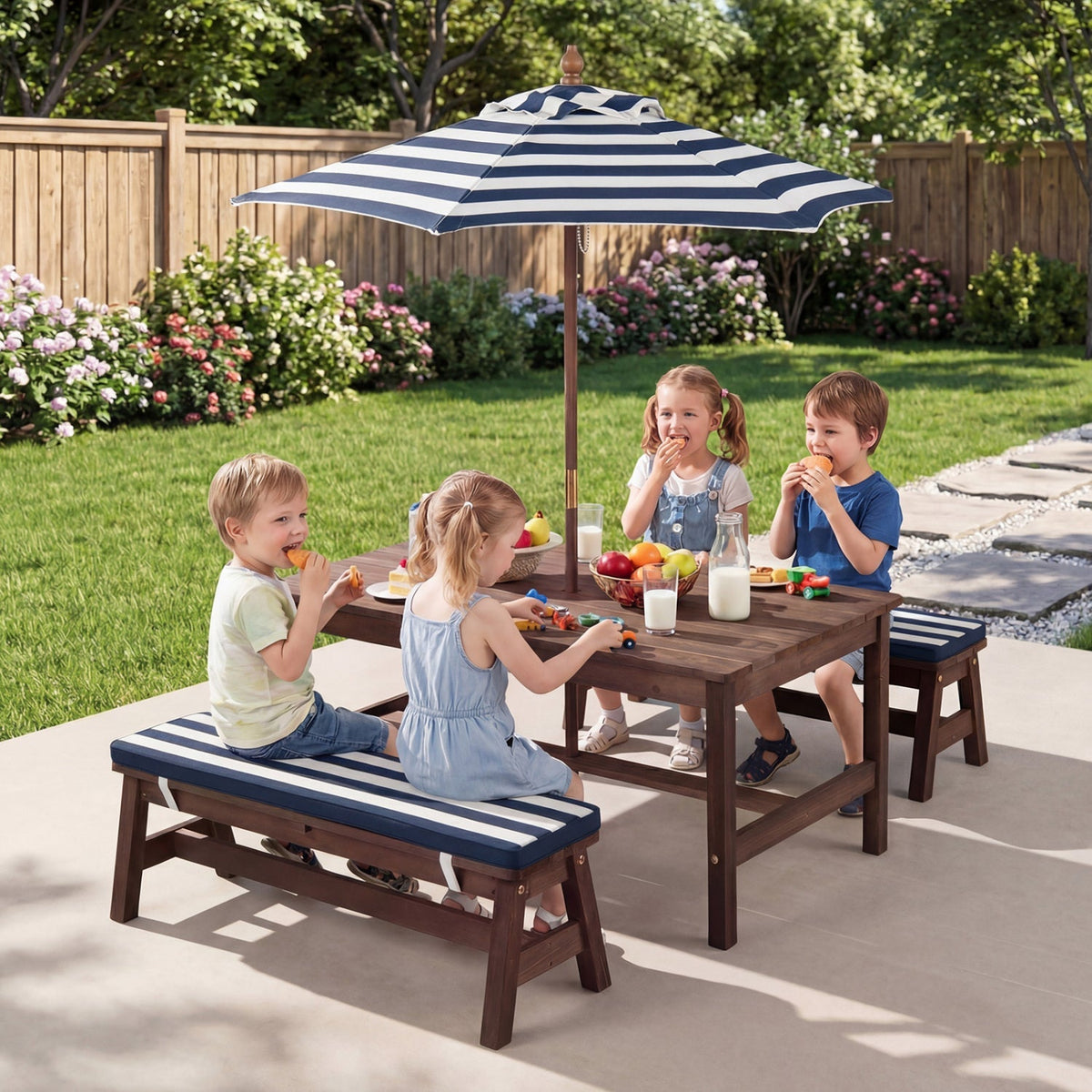 Wooden kids picnic table with removable umbrella and cushions, outdoor play furniture, suitable for children, by GBruno Store