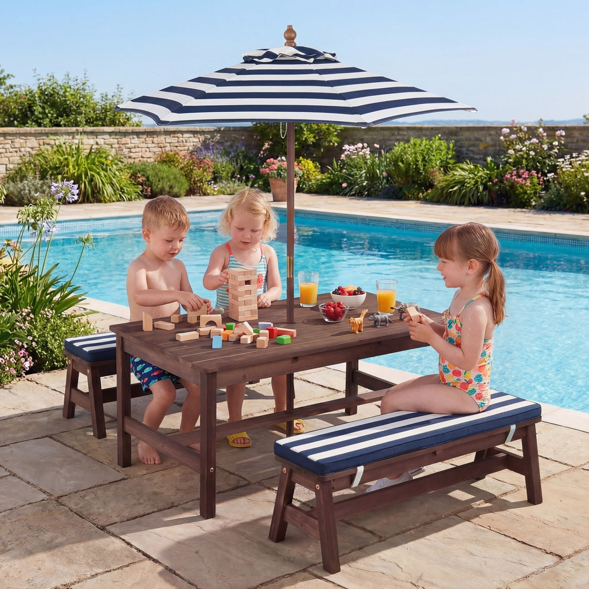 Wooden kids picnic table with removable umbrella and cushions, ideal for outdoor play and family gatherings.