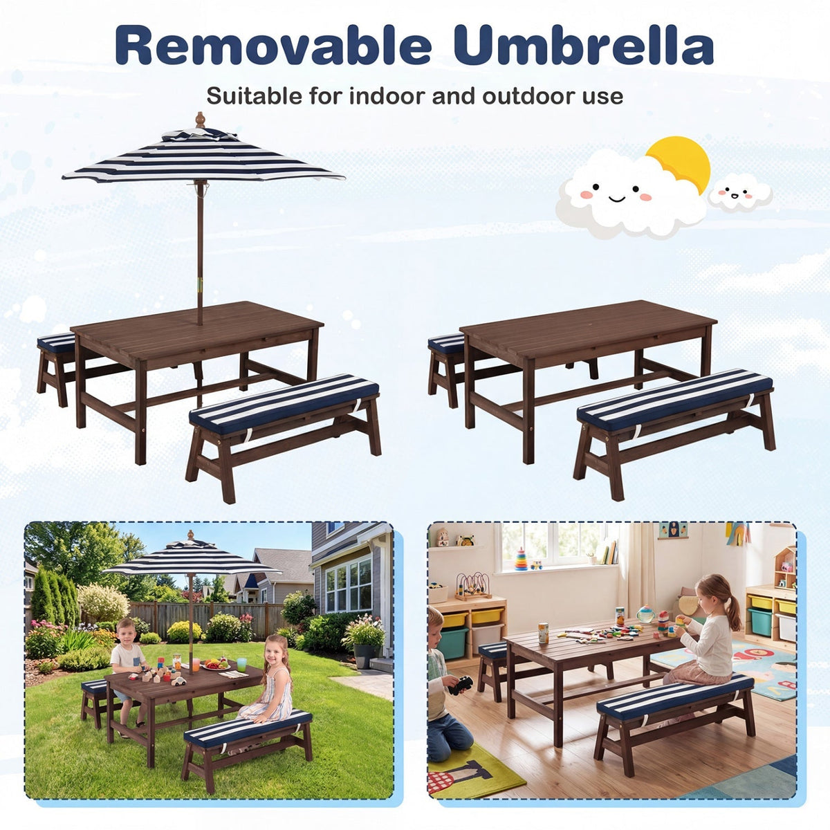 Outdoor wooden kids picnic table with removable umbrella and colorful cushions, perfect for outdoor play and family gatherings.