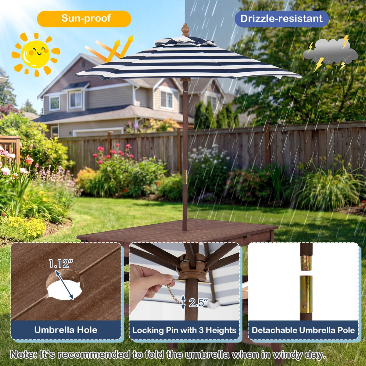 Outdoor wooden kids picnic table with removable umbrella and cushions, perfect for outdoor play and family gatherings.