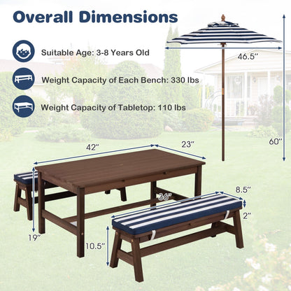 Wooden kids' outdoor picnic table with removable umbrella and cushions, perfect for outdoor play and family gatherings.