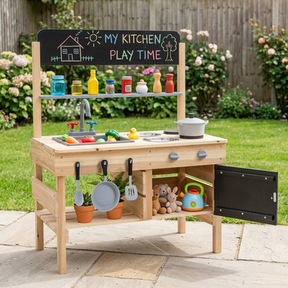 Outdoor wooden mud kitchen for kids with sink and stoves, featuring realistic play kitchen details by GBruno Store.