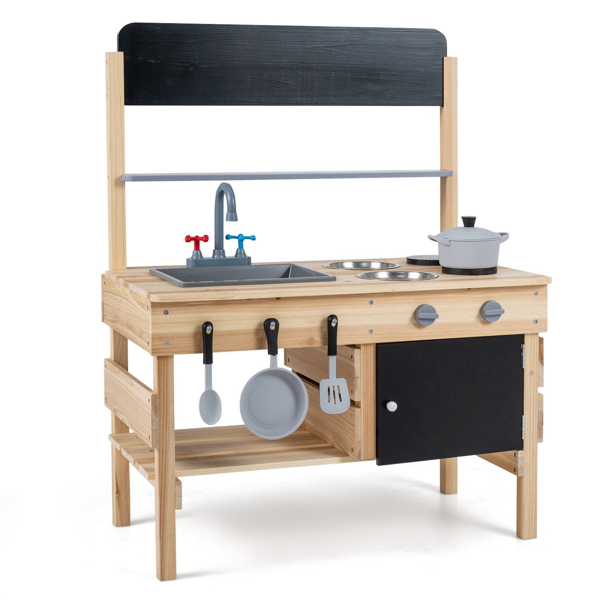 Outdoor wooden mud kitchen for kids with sink and stoves, durable play kitchen by GBruno Store, ideal for outdoor imaginative play.