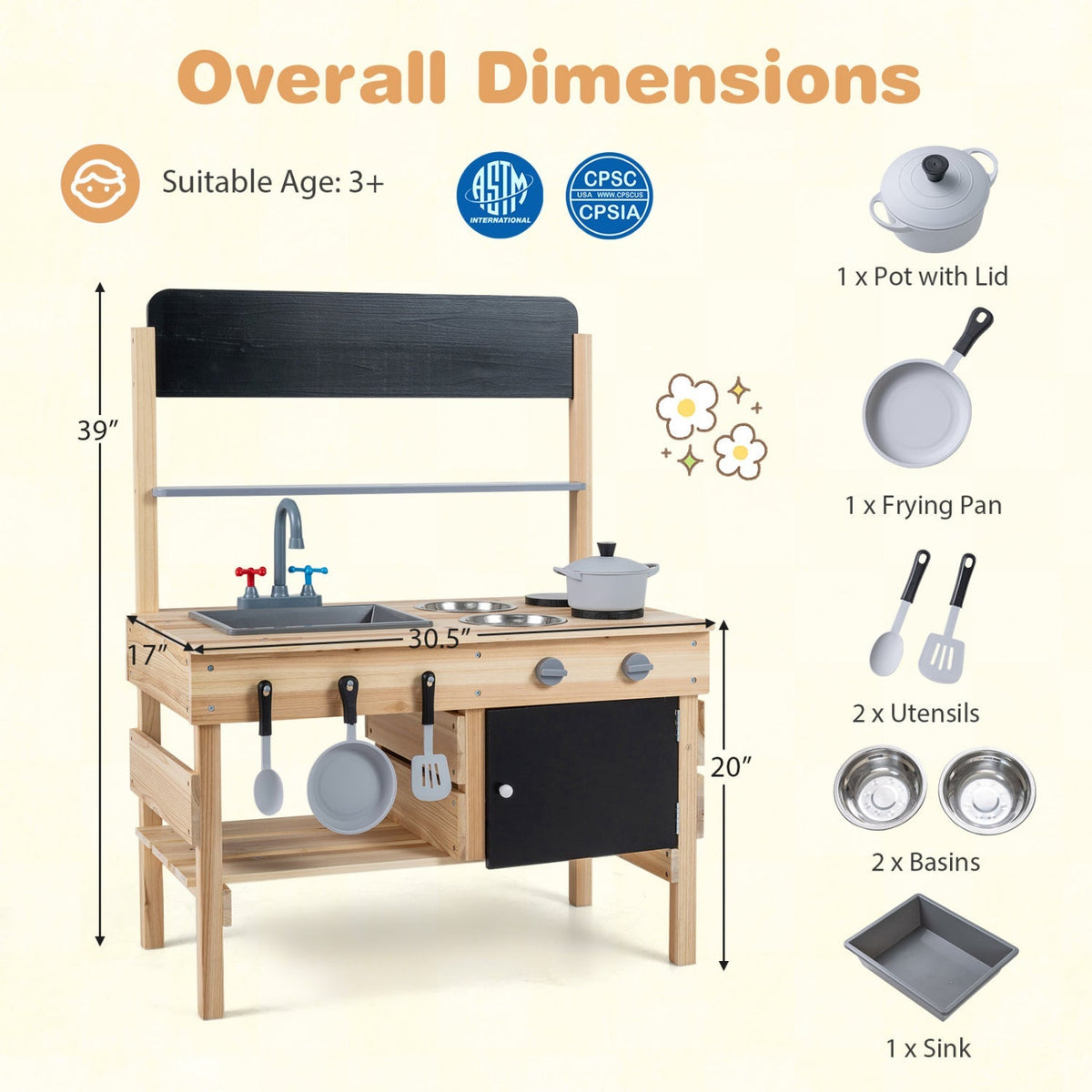 Outdoor wooden mud kitchen for kids with sink and stoves, durable play kitchen by GBruno Store for outdoor imaginative play.