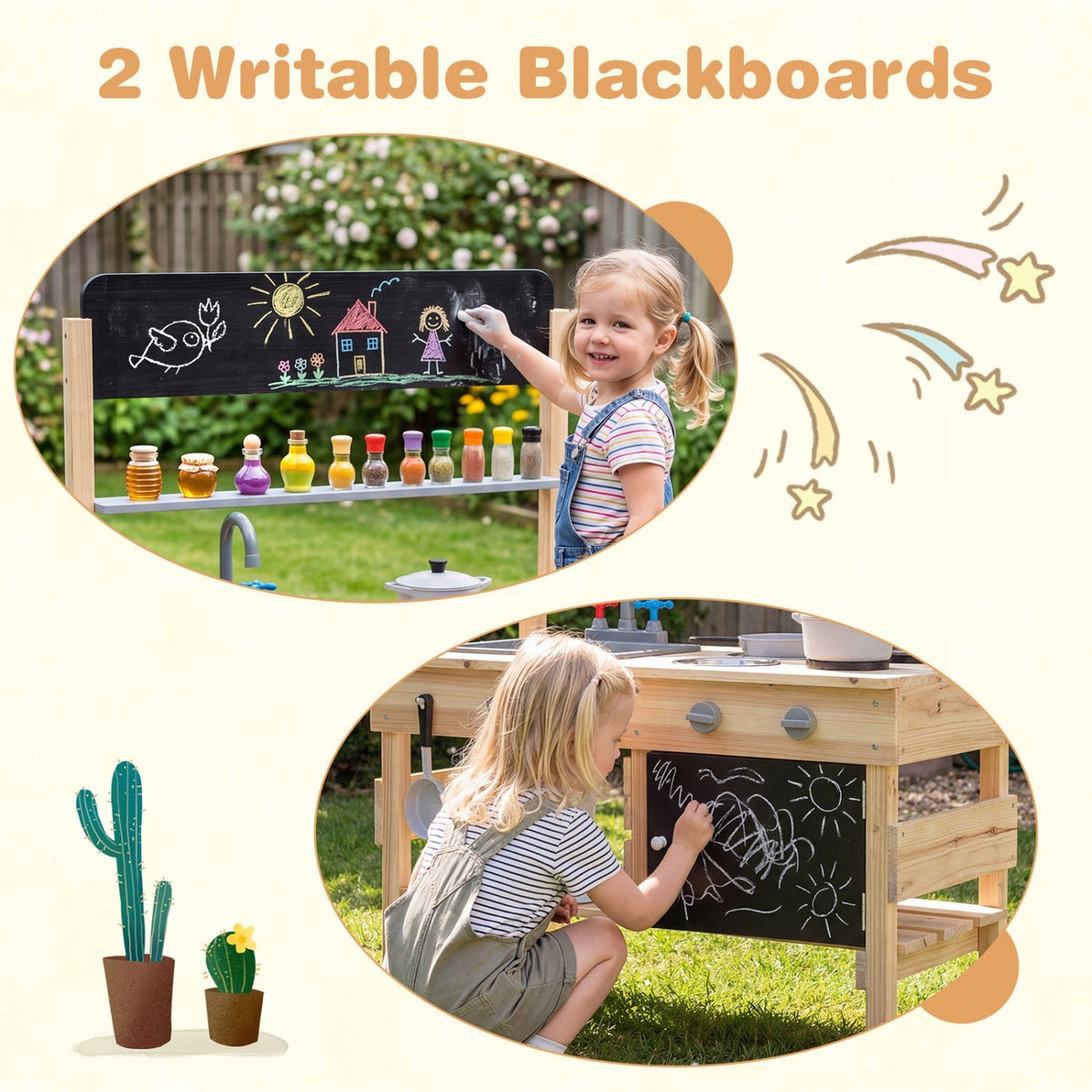 Outdoor wooden play kitchen for kids with sink and stoves, featuring a rustic design and realistic cooking accessories.
