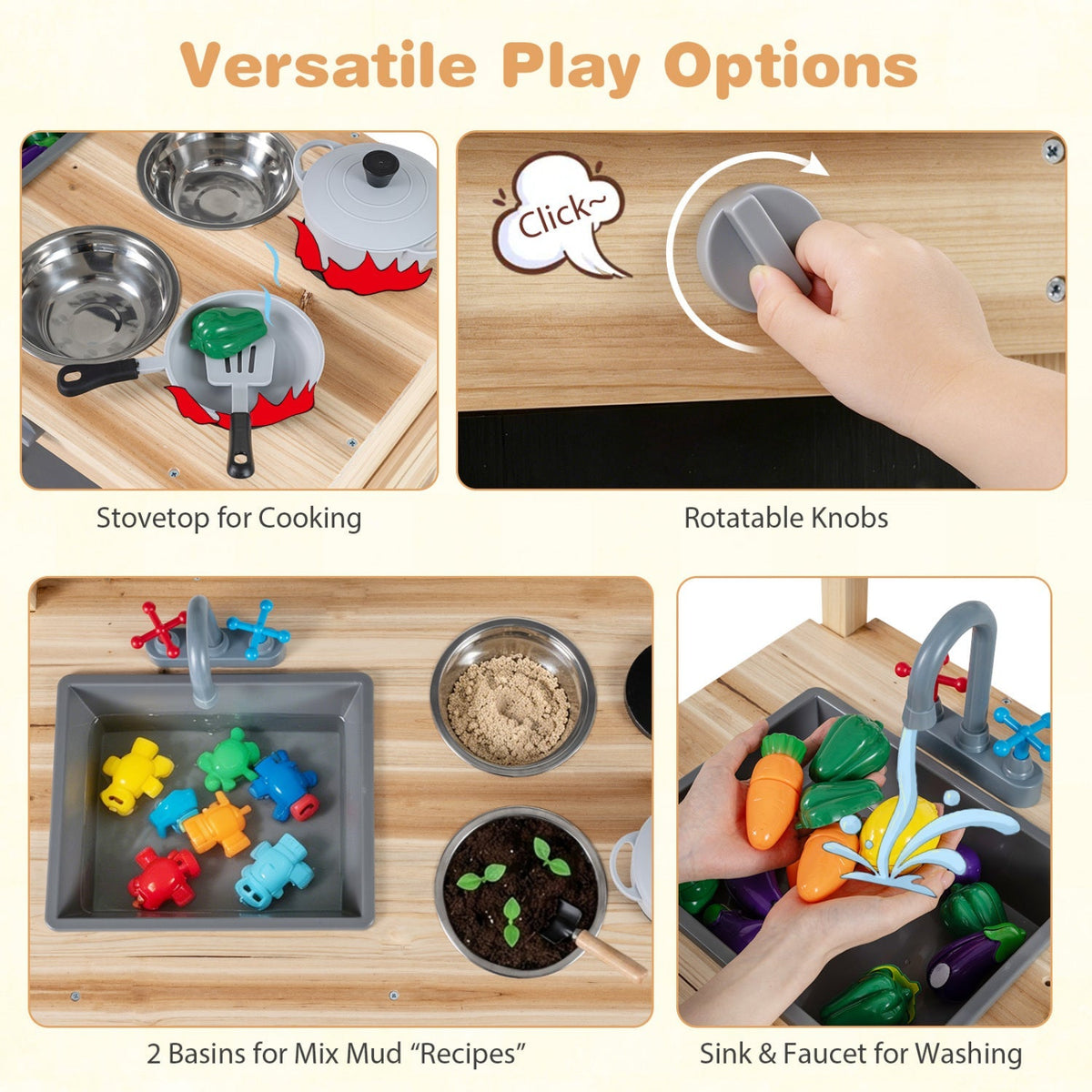 Outdoor wooden mud kitchen for kids with sink and stoves, durable play kitchen set by GBruno Store for outdoor fun and imaginative play.