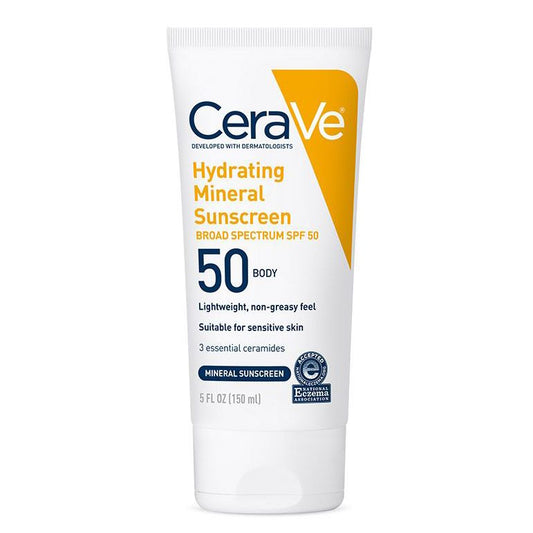 CeraVe Hydrating Mineral Sunscreen SPF 50 bottle with zinc oxide and titanium dioxide, 5 oz, designed for sun protection and hydration.