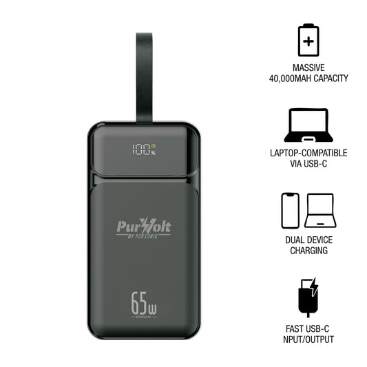 PurVolt 40,000mAh ultra high-capacity power bank by Pursonic charging laptops, phones, and electronic devices.