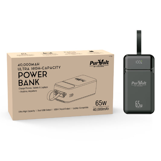 Pursonic PurVolt 40,000mAh ultra high-capacity power bank with multiple ports for charging laptops, phones, and electronic devices.