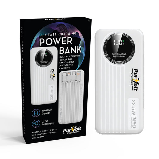Pursonic 10,000mAh LED fast charging power bank with built-in cables, Type-C, USB, Lightning ports, and 22.5W output.