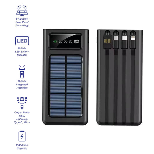 Pursonic LED Portable Solarsync Power Bank showing compact design with solar panel and USB ports for on-the-go device charging.