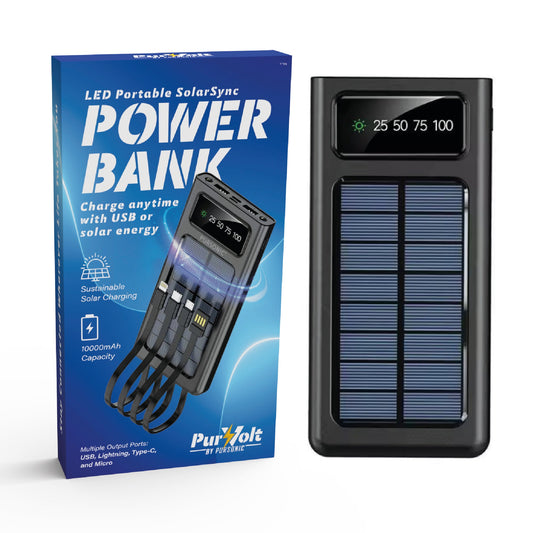 Pursonic LED Portable Solarsync Power Bank with solar charging, compact electronics device for power on the go.