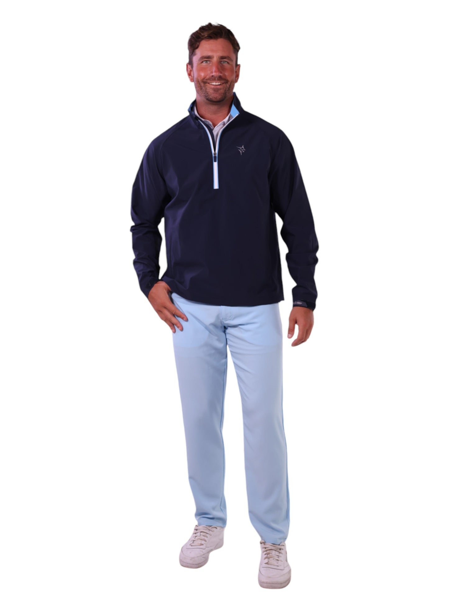 White Water Life Palm Beach waterproof quarter zip, front view showing the navy blue quarter zip with logo details.
