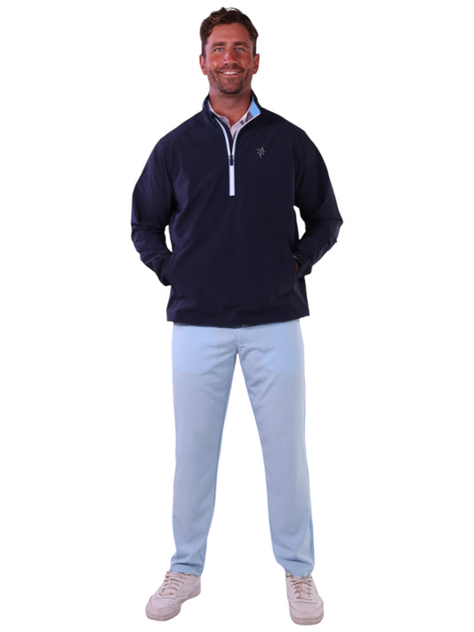 White Water Life Palm Beach waterproof quarter zip, navy-colored quarter zip pullover with a full-zip front and stand collar.